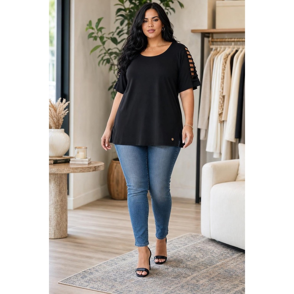 Michael Kors Top Women's 1X Black Cutout Ladder Sleeve Tunic Blouse